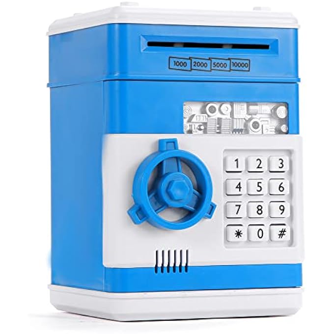 rayihni ELECTRONIC PIGGY BANK, PIGGY BANK BOYS GIRLS, ELECTRONIC BANK KIDS, MONEY SAFE KIDS, ELECTRONIC ATM PIGGY BANK CHILD, MINI PIGGY BANK ATM, PIGGY BANK SAFE KIDS, REAL SAVING BANK COIN BOX  BLUE - Image 1